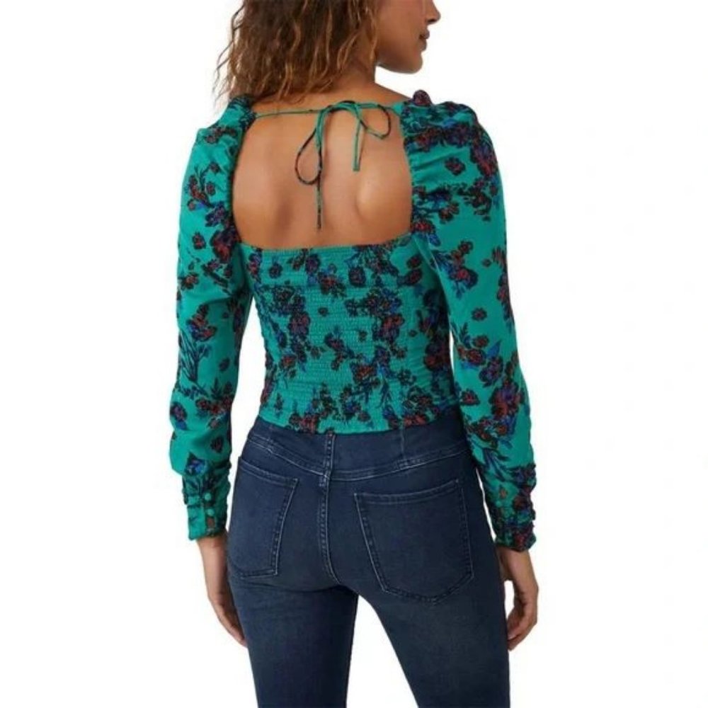 Free People NWT Hilary Printed Top Size XS Floral Green Combo